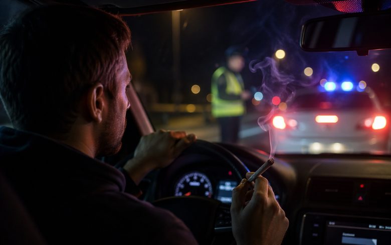 Conductor fumando cannabis dentro del coche ante un control policial nocturno, imagen sobre cómo afecta el cannabis a la conducción